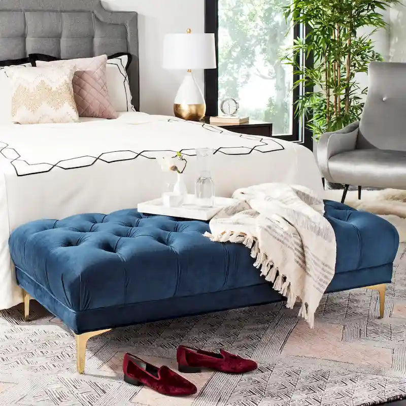Panca Rettangolare Trapuntata in Velluto Grigio/Blu Scuro con Gambe in Ottone, 2 Posti