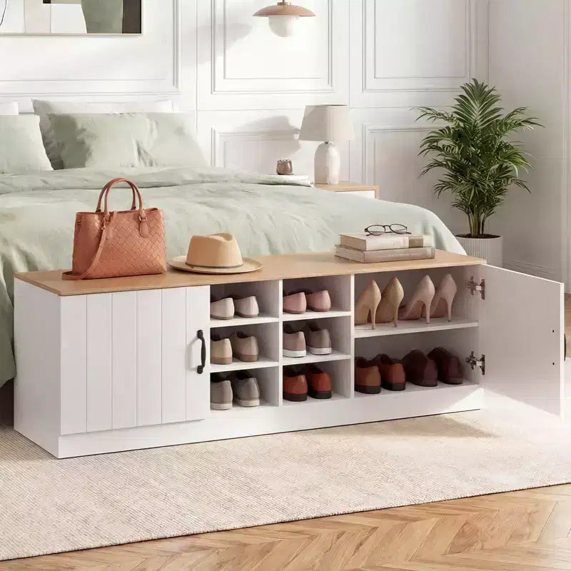 Schuhbank mit 2 Türen, verstellbaren Einlegeböden und verborgenem Stauraum, Natur + Weiß/Whi5te