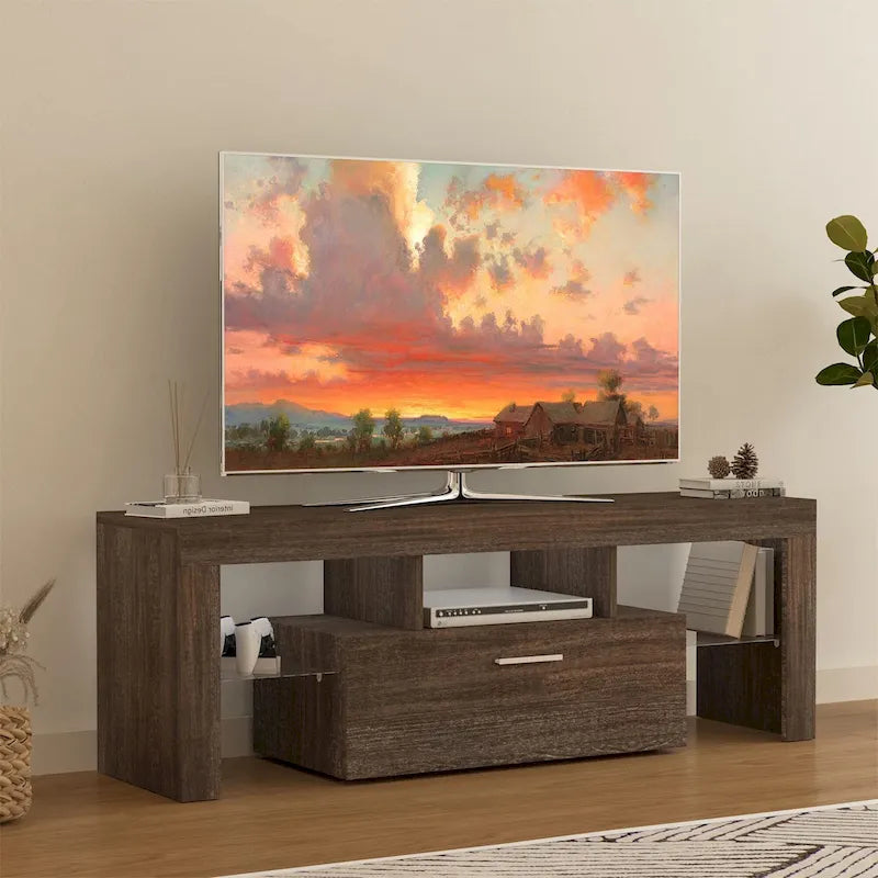 Mobile porta TV marrone con luci LED, armadietto, 2 ante e montaggio per 1 persona