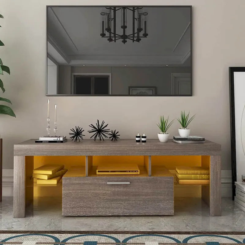 Mobile porta TV marrone con luci LED, armadietto, 2 ante e montaggio per 1 persona