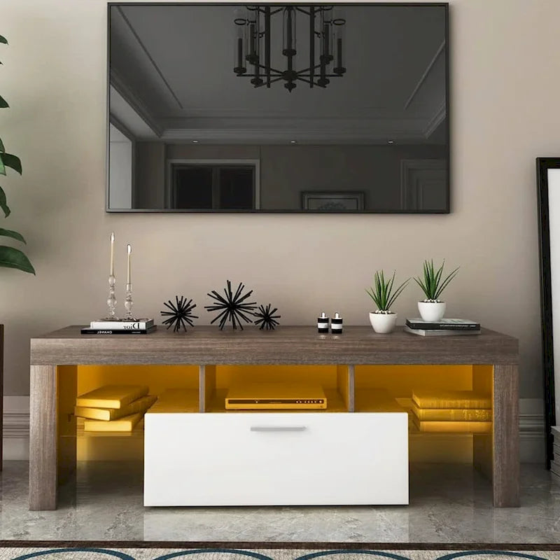 Mobile porta TV marrone con luci LED, armadietto, 2 ante e montaggio per 1 persona