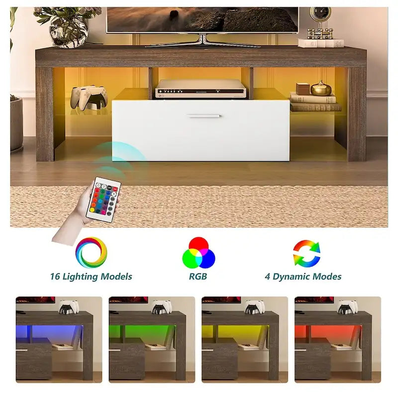 Mobile porta TV marrone con luci LED, armadietto, 2 ante e montaggio per 1 persona
