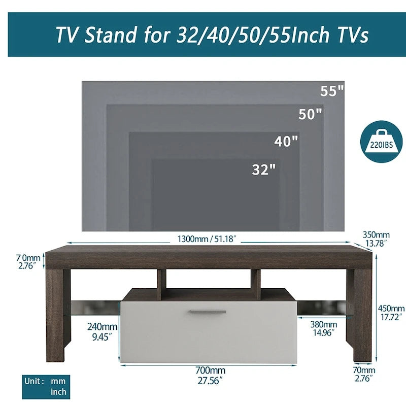 Mobile porta TV marrone con luci LED, armadietto, 2 ante e montaggio per 1 persona