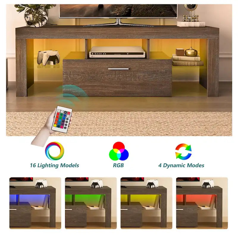 Mobile porta TV marrone con luci LED, armadietto, 2 ante e montaggio per 1 persona