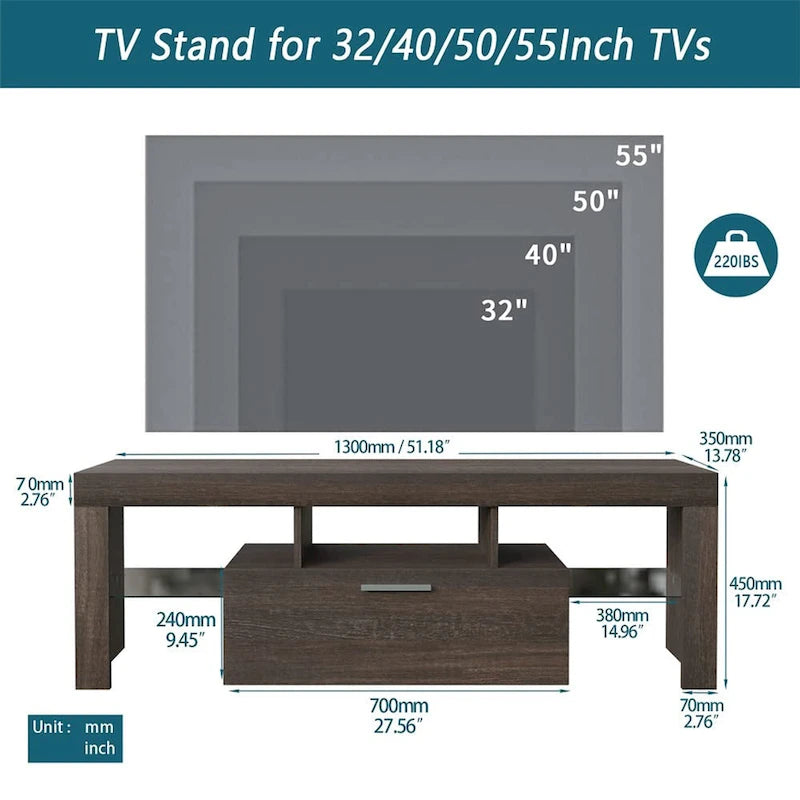 Mobile porta TV marrone con luci LED, armadietto, 2 ante e montaggio per 1 persona