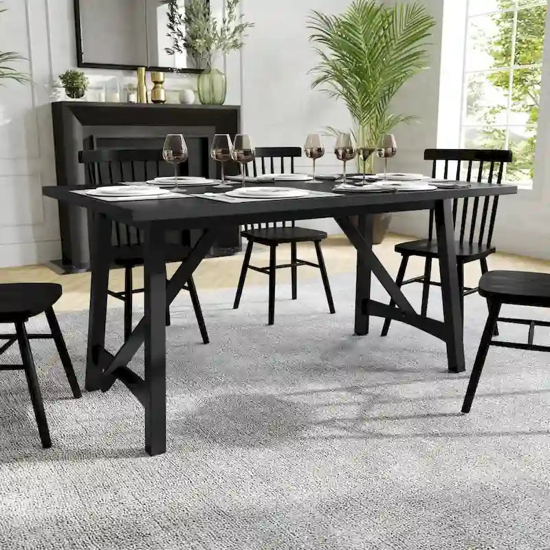 Tavolo da Pranzo con Base a Cavalletto in Legno Massello, 3 Colori, 6 Posti a Sedere