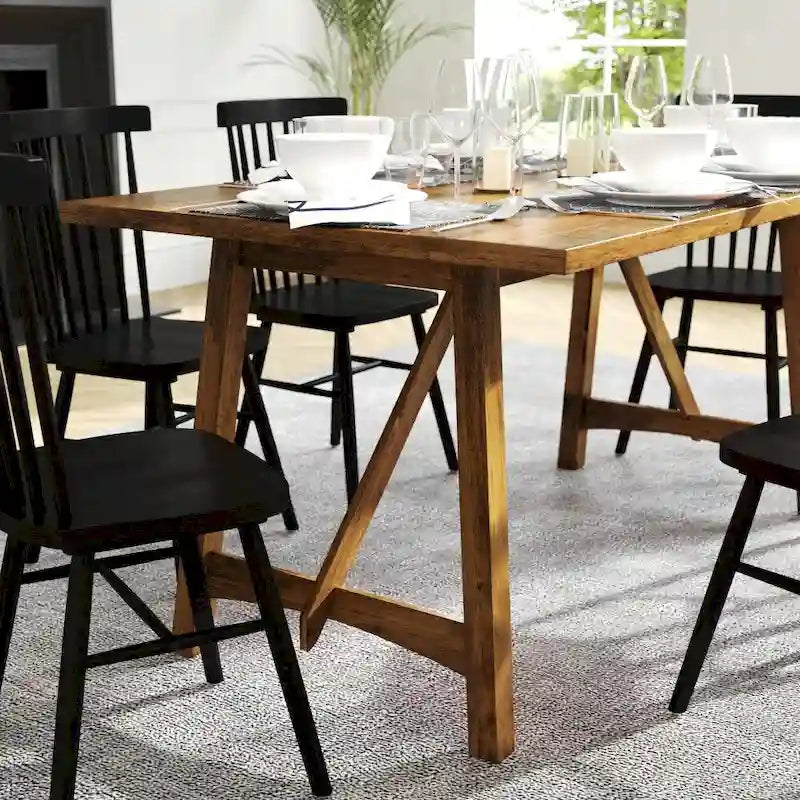 Tavolo da Pranzo con Base a Cavalletto in Legno Massello, 3 Colori, 6 Posti a Sedere