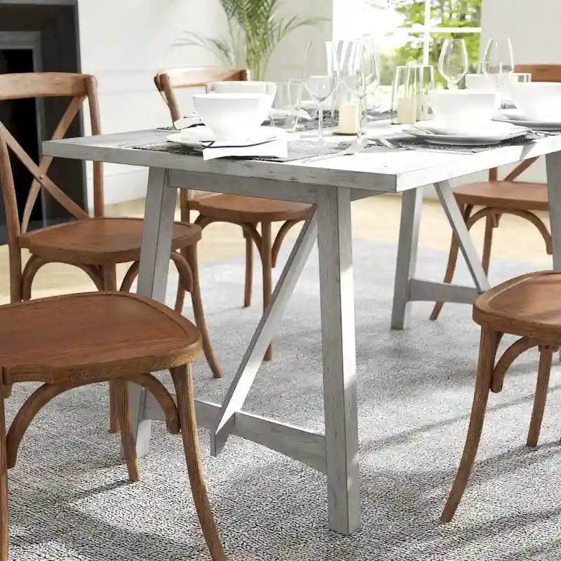 Tavolo da Pranzo con Base a Cavalletto in Legno Massello, 3 Colori, 6 Posti a Sedere