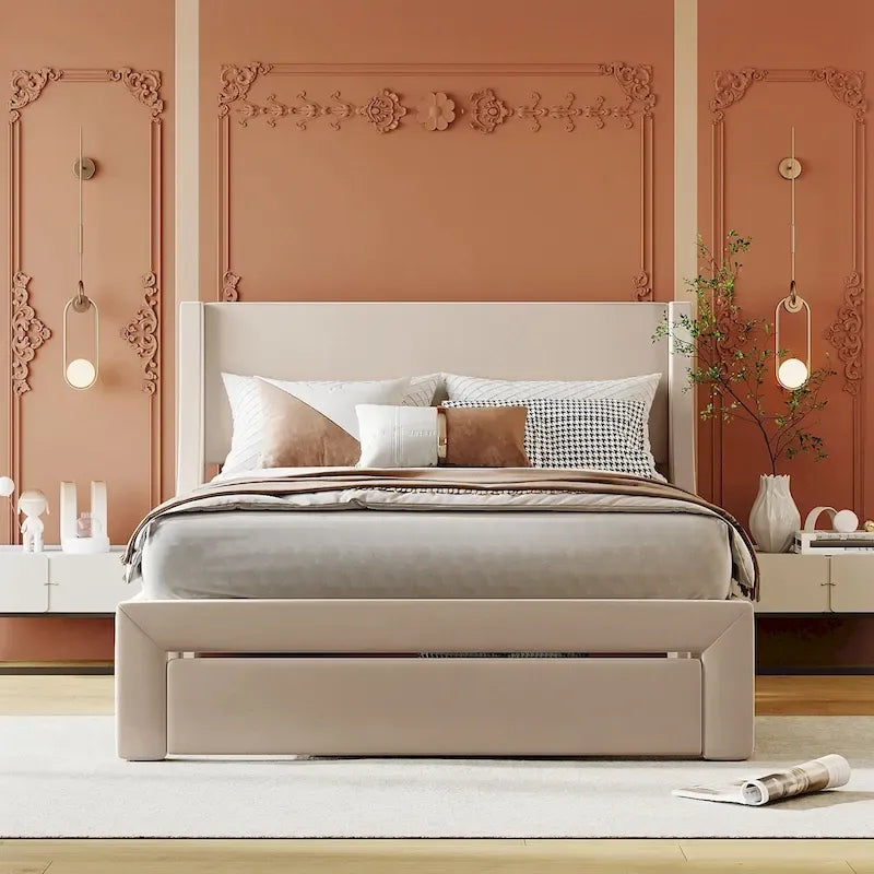Letto contenitore imbottito in velluto a grandezza naturale con cassetto - Blu / Rosa / Beige / Grigio, 2 persone