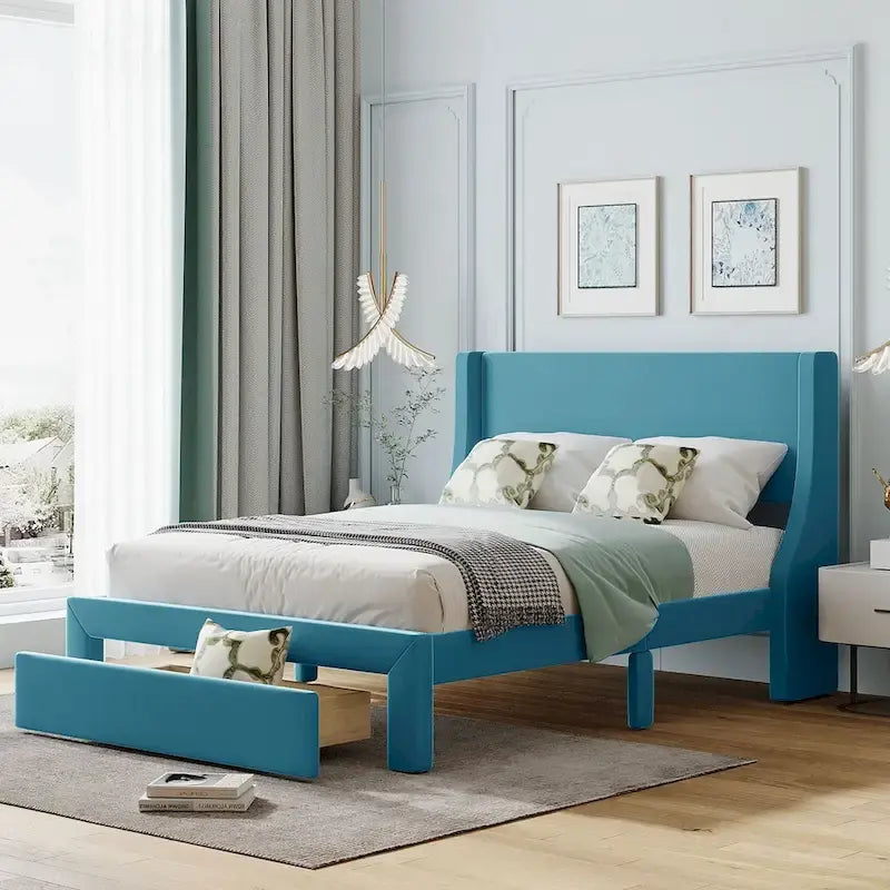 Letto contenitore imbottito in velluto a grandezza naturale con cassetto - Blu / Rosa / Beige / Grigio, 2 persone