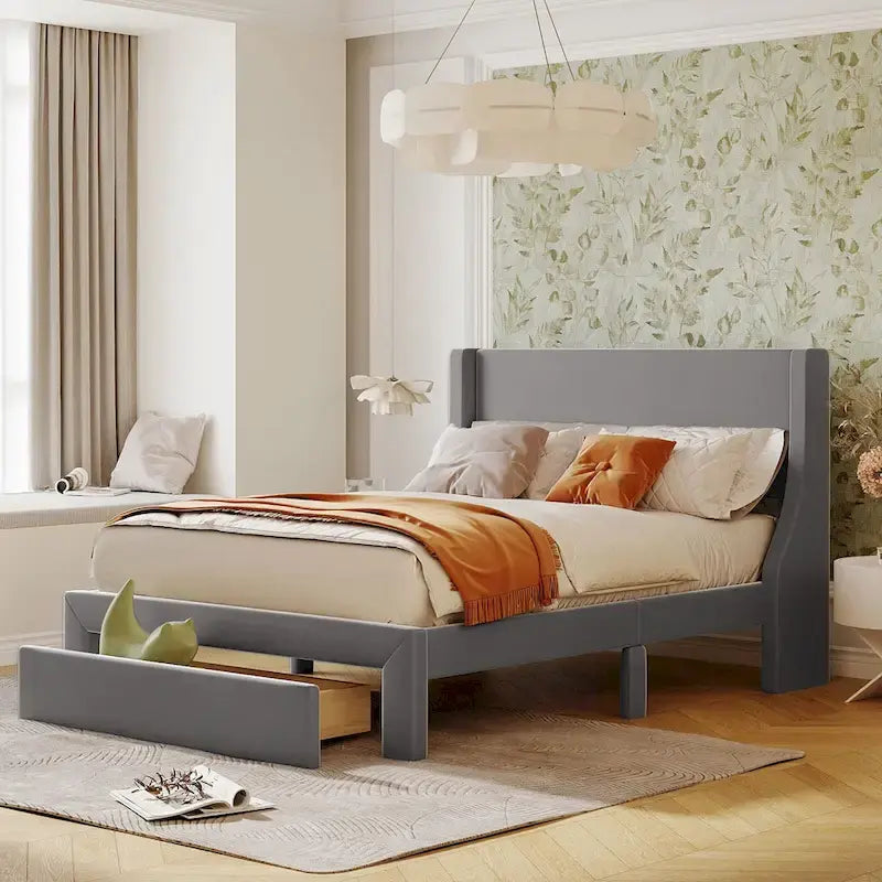Letto contenitore imbottito in velluto a grandezza naturale con cassetto - Blu / Rosa / Beige / Grigio, 2 persone