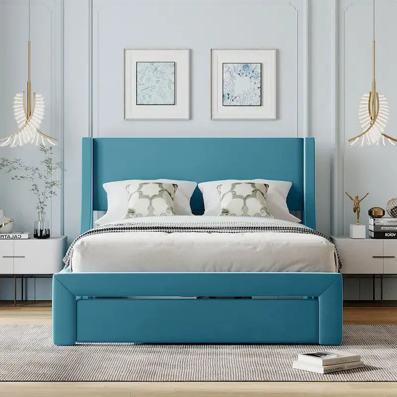Letto contenitore imbottito in velluto a grandezza naturale con cassetto - Blu / Rosa / Beige / Grigio, 2 persone