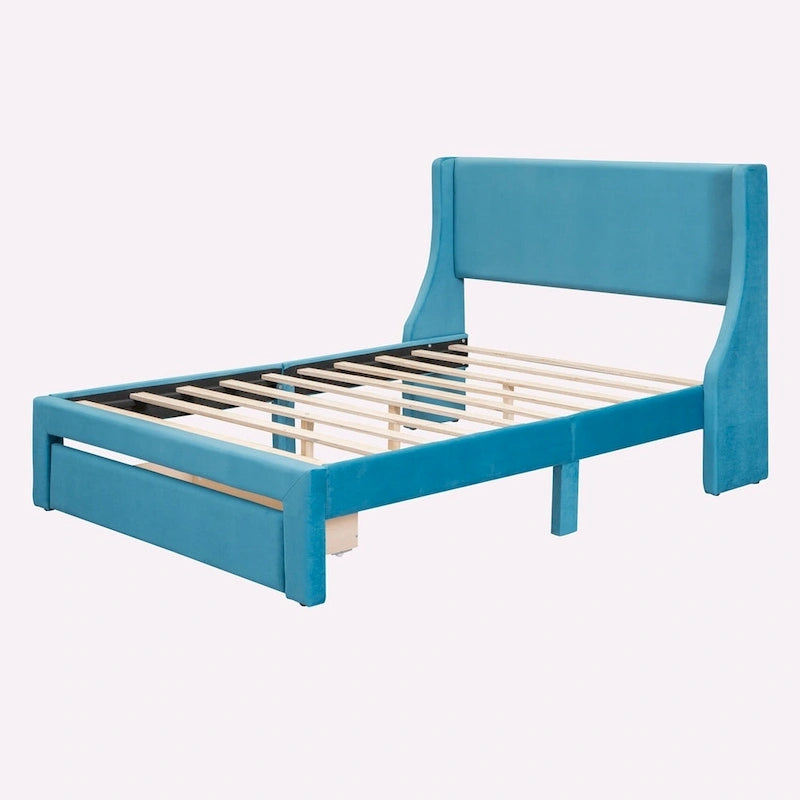 Letto contenitore imbottito in velluto a grandezza naturale con cassetto - Blu / Rosa / Beige / Grigio, 2 persone