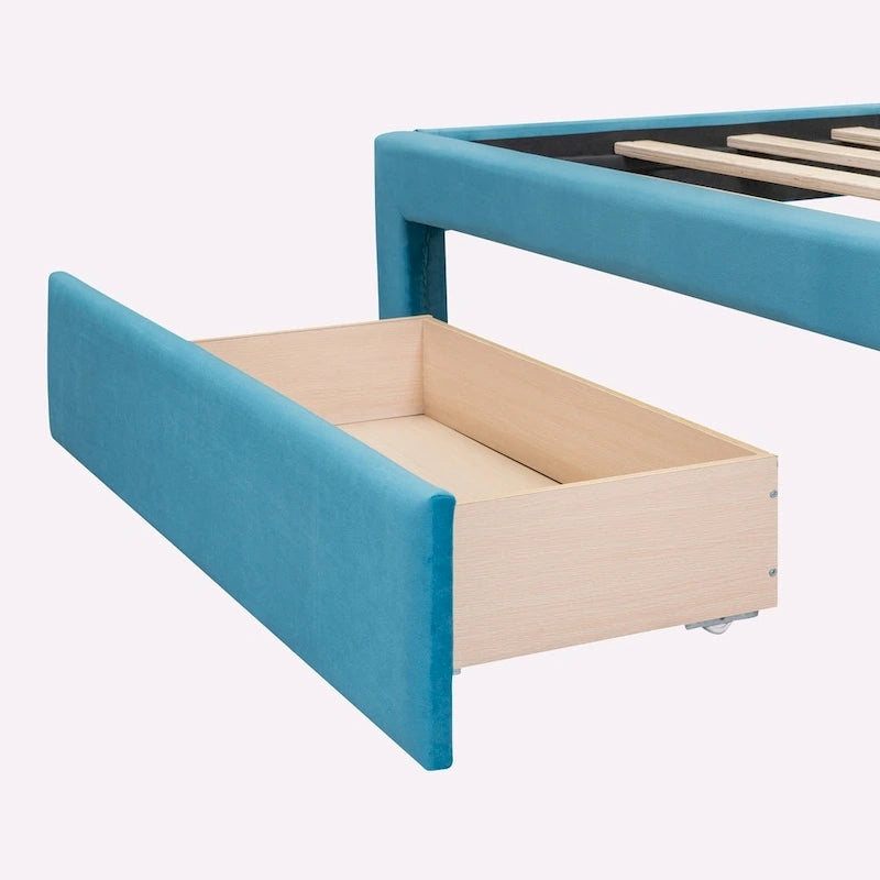 Letto contenitore imbottito in velluto a grandezza naturale con cassetto - Blu / Rosa / Beige / Grigio, 2 persone