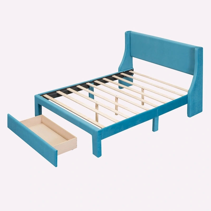 Letto contenitore imbottito in velluto a grandezza naturale con cassetto - Blu / Rosa / Beige / Grigio, 2 persone