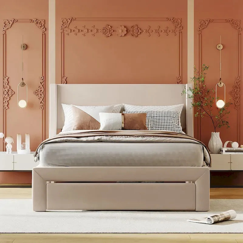 Letto contenitore imbottito in velluto a grandezza naturale con cassetto - Blu / Rosa / Beige / Grigio, 2 persone