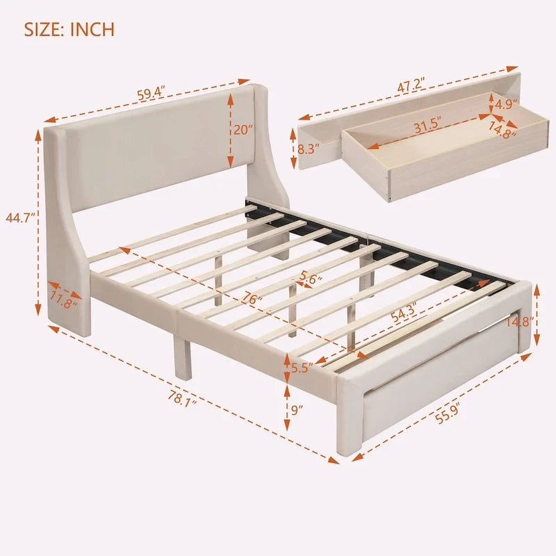 Letto contenitore imbottito in velluto a grandezza naturale con cassetto - Blu / Rosa / Beige / Grigio, 2 persone