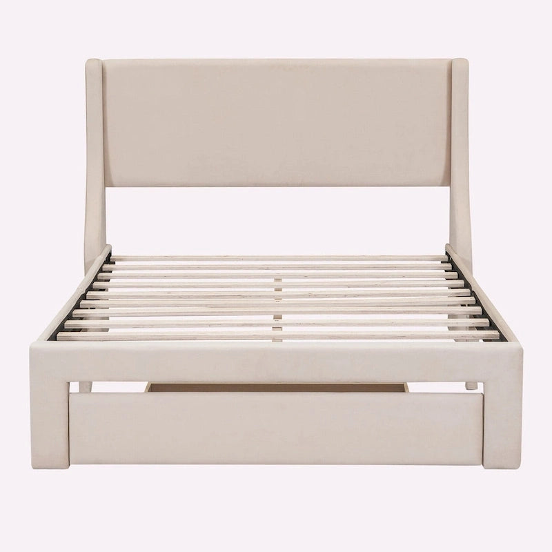 Letto contenitore imbottito in velluto a grandezza naturale con cassetto - Blu / Rosa / Beige / Grigio, 2 persone
