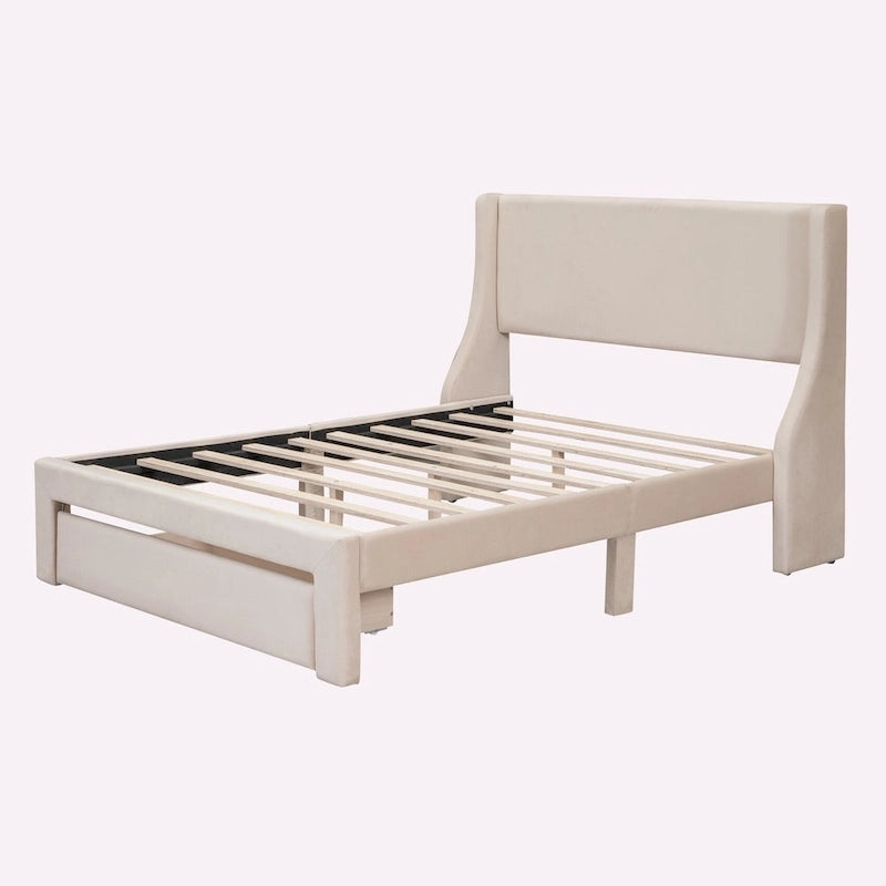 Letto contenitore imbottito in velluto a grandezza naturale con cassetto - Blu / Rosa / Beige / Grigio, 2 persone