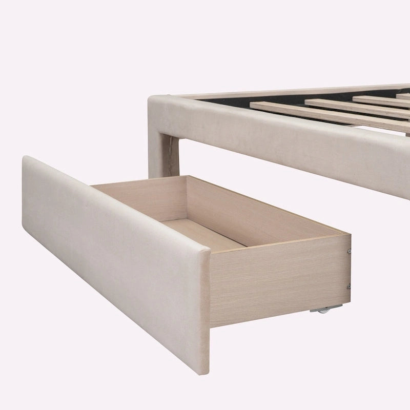 Letto contenitore imbottito in velluto a grandezza naturale con cassetto - Blu / Rosa / Beige / Grigio, 2 persone
