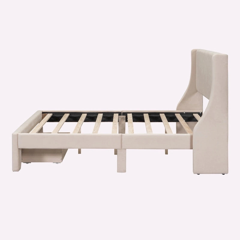 Letto contenitore imbottito in velluto a grandezza naturale con cassetto - Blu / Rosa / Beige / Grigio, 2 persone
