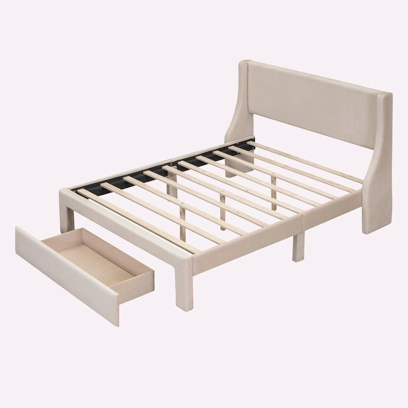 Letto contenitore imbottito in velluto a grandezza naturale con cassetto - Blu / Rosa / Beige / Grigio, 2 persone