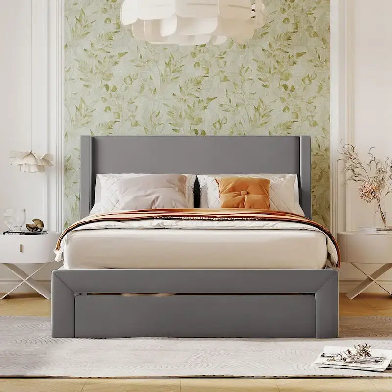 Letto contenitore imbottito in velluto a grandezza naturale con cassetto - Blu / Rosa / Beige / Grigio, 2 persone
