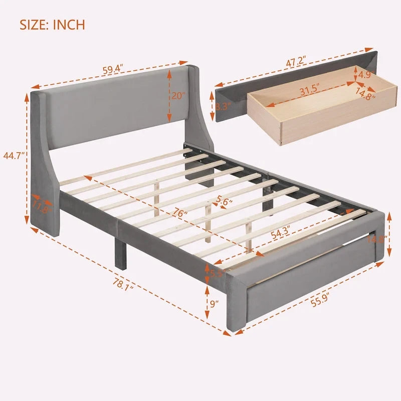 Letto contenitore imbottito in velluto a grandezza naturale con cassetto - Blu / Rosa / Beige / Grigio, 2 persone