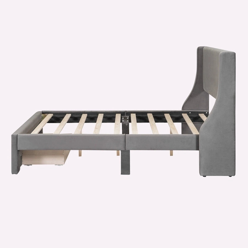 Letto contenitore imbottito in velluto a grandezza naturale con cassetto - Blu / Rosa / Beige / Grigio, 2 persone