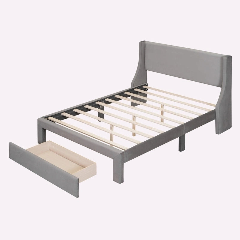 Letto contenitore imbottito in velluto a grandezza naturale con cassetto - Blu / Rosa / Beige / Grigio, 2 persone