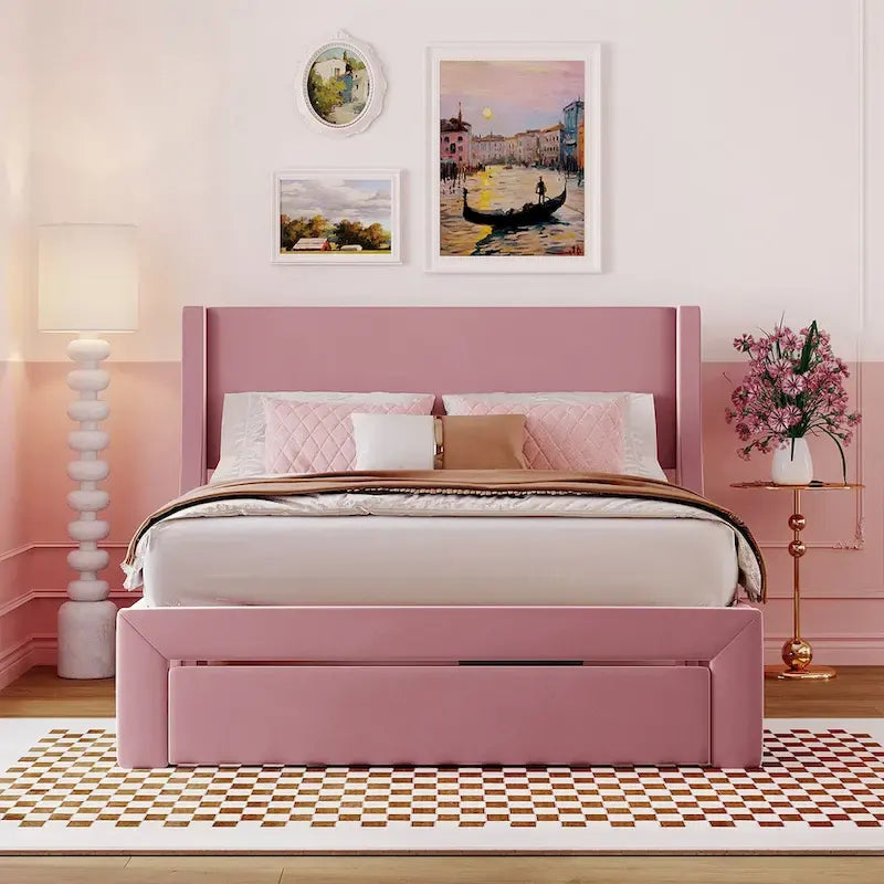 Letto contenitore imbottito in velluto a grandezza naturale con cassetto - Blu / Rosa / Beige / Grigio, 2 persone