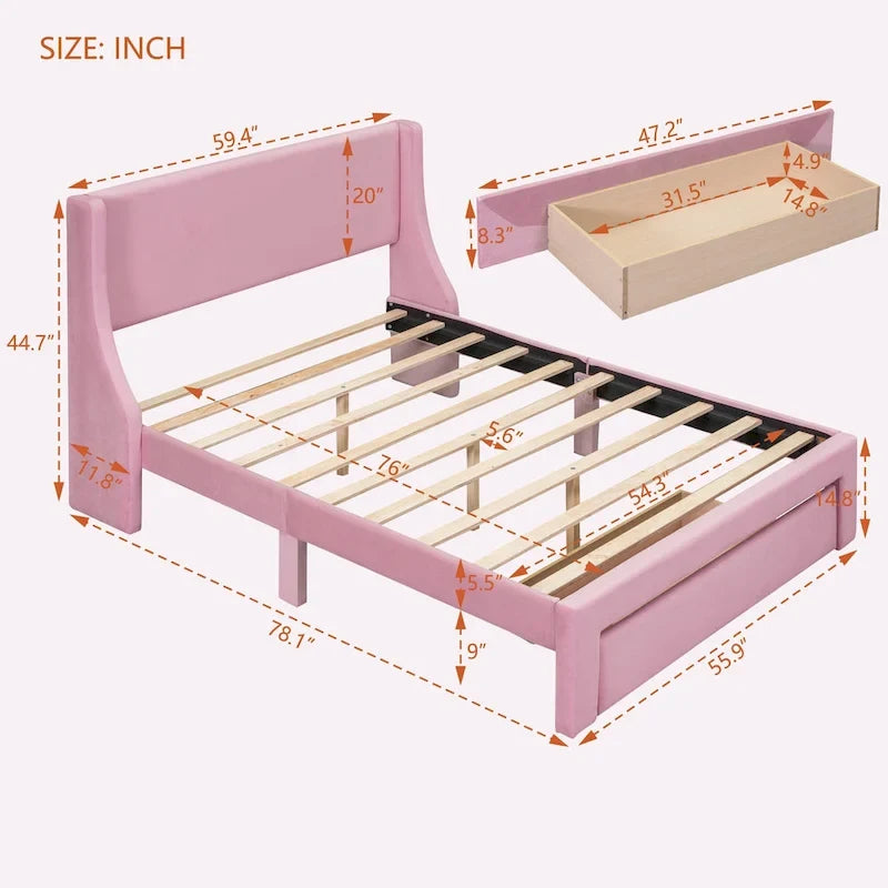 Letto contenitore imbottito in velluto a grandezza naturale con cassetto - Blu / Rosa / Beige / Grigio, 2 persone