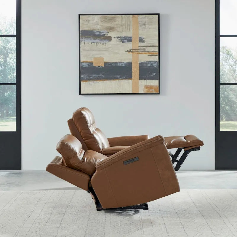 Divanetto reclinabile elettrico a 2 posti in pelle bovina primo fiore color cammello con console
