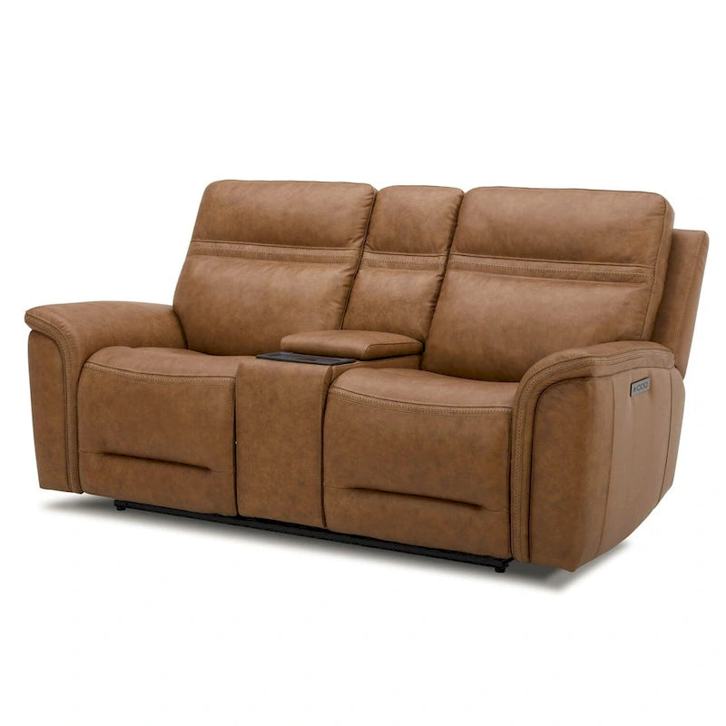 Divanetto reclinabile elettrico a 2 posti in pelle bovina primo fiore color cammello con console