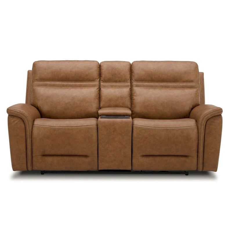 Divanetto reclinabile elettrico a 2 posti in pelle bovina primo fiore color cammello con console