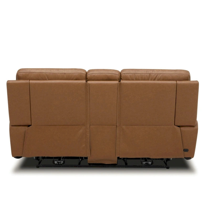 Divanetto reclinabile elettrico a 2 posti in pelle bovina primo fiore color cammello con console