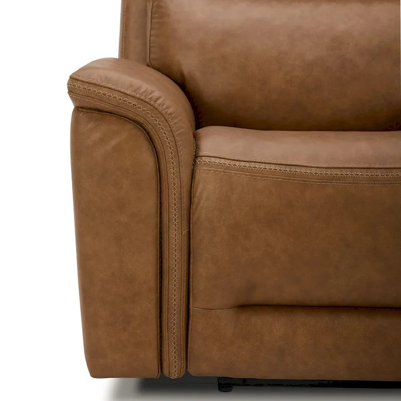 Divanetto reclinabile elettrico a 2 posti in pelle bovina primo fiore color cammello con console