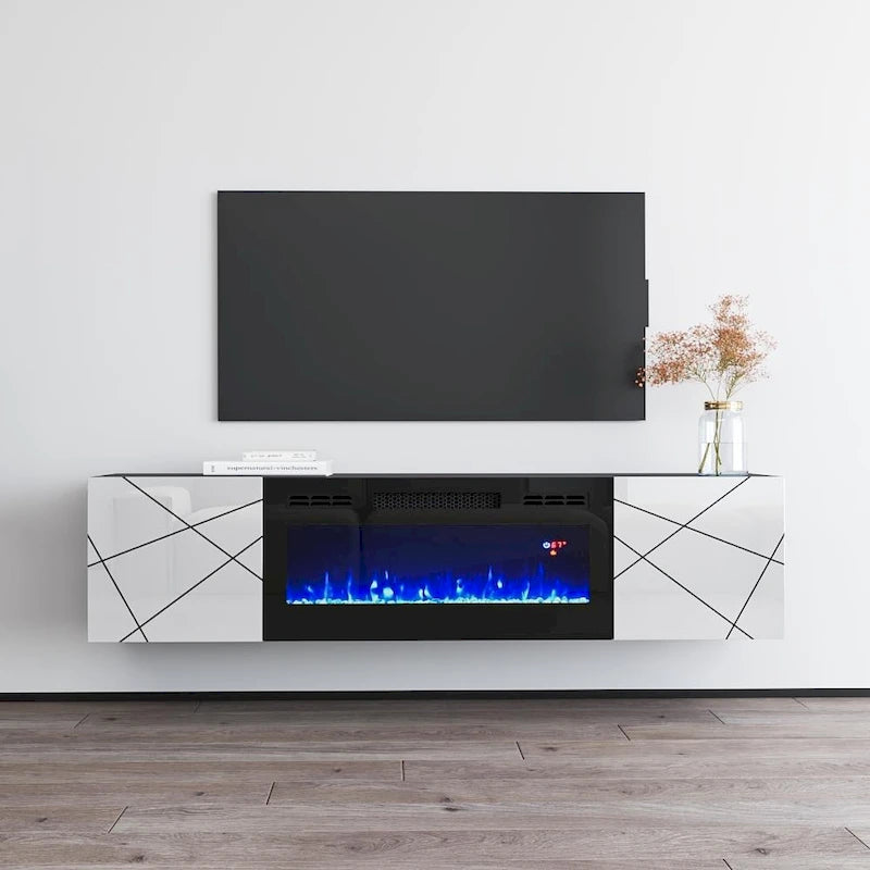 Mobile TV con camino elettrico moderno grigio/bianco e bianco, adatto per TV fino a 70 pollici