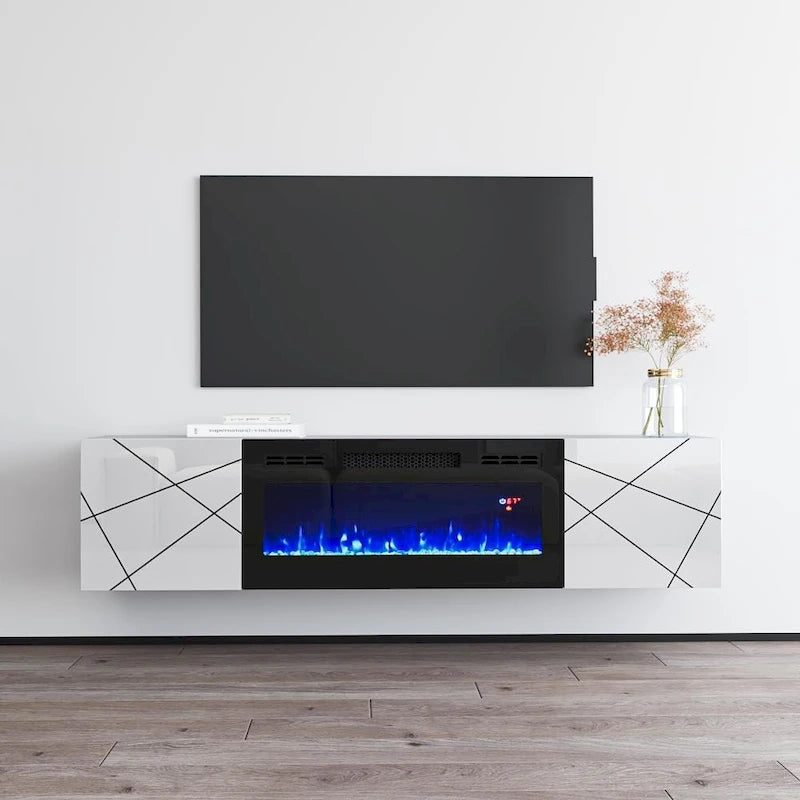 Mobile TV con camino elettrico moderno grigio/bianco e bianco, adatto per TV fino a 70 pollici