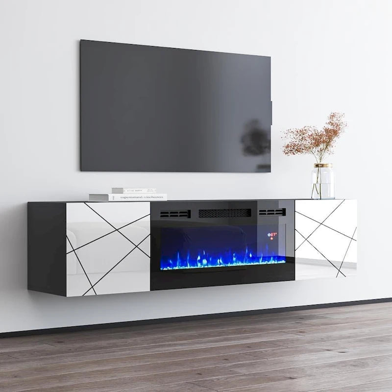 Mobile TV con camino elettrico moderno grigio/bianco e bianco, adatto per TV fino a 70 pollici