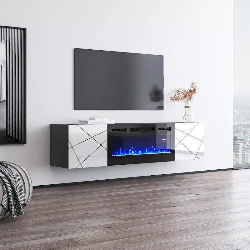 Mobile TV con camino elettrico moderno grigio/bianco e bianco, adatto per TV fino a 70 pollici