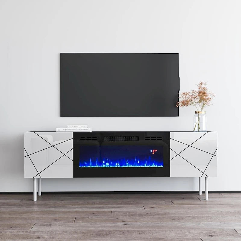 Mobile TV con camino elettrico moderno grigio/bianco e bianco, adatto per TV fino a 70 pollici