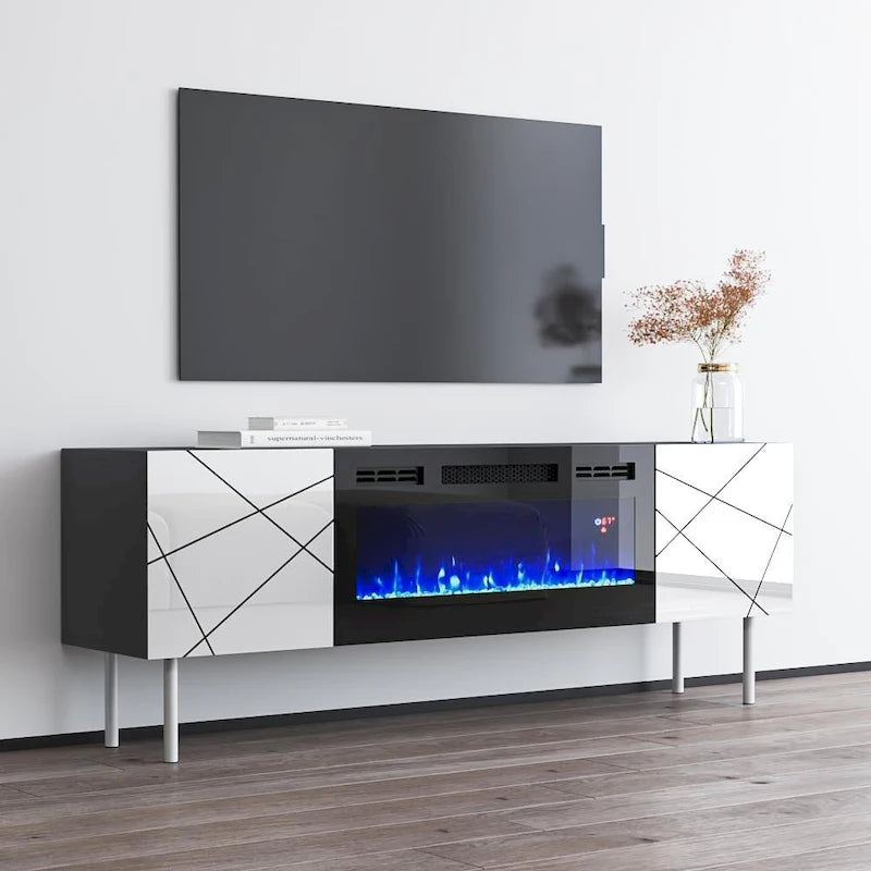 Mobile TV con camino elettrico moderno grigio/bianco e bianco, adatto per TV fino a 70 pollici