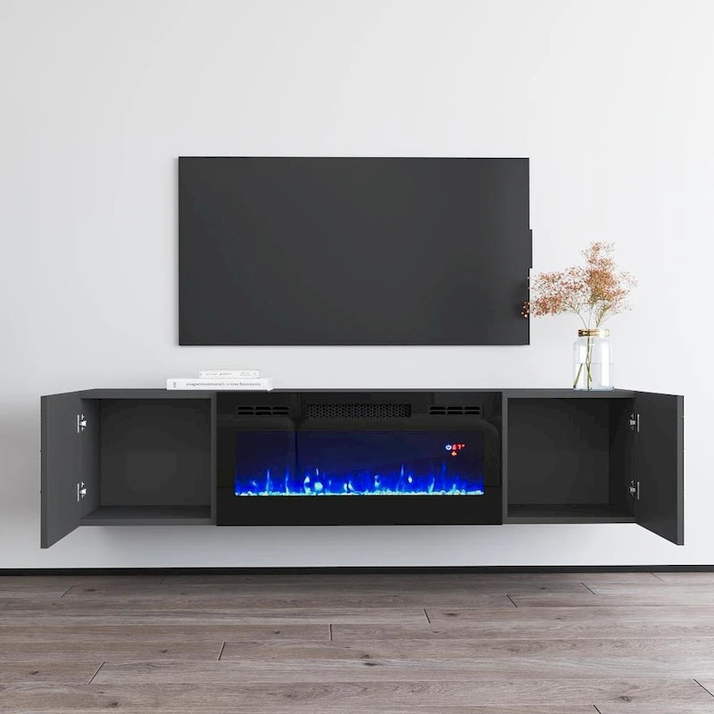 Mobile TV con camino elettrico moderno grigio/bianco e bianco, adatto per TV fino a 70 pollici