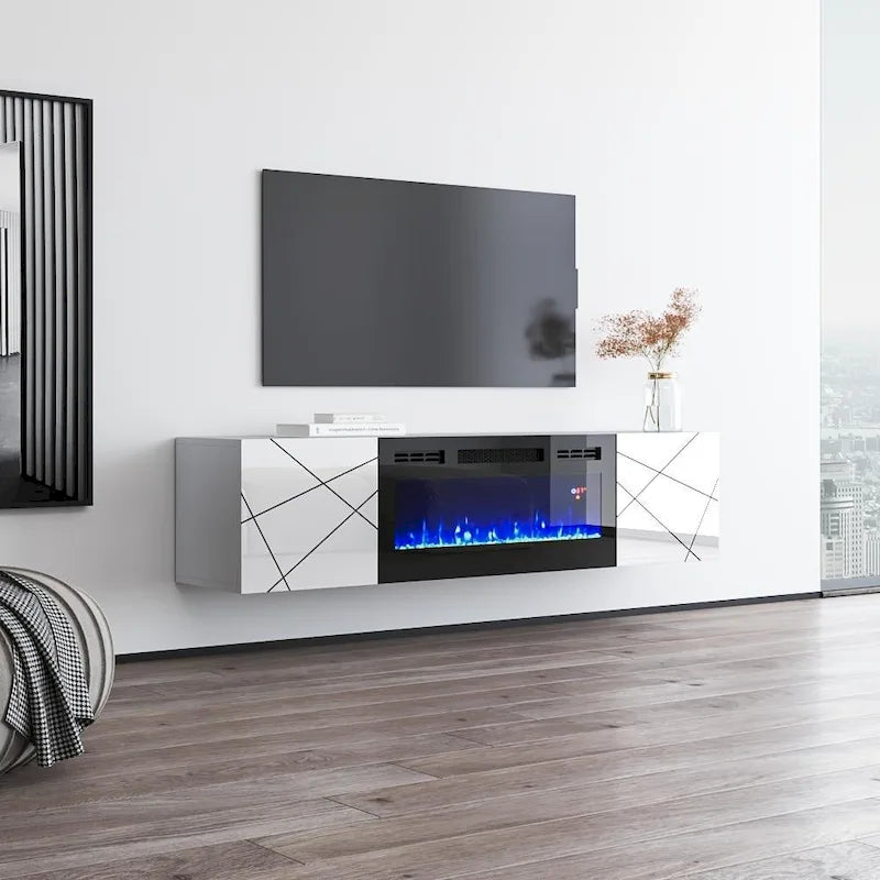 Mobile TV con camino elettrico moderno grigio/bianco e bianco, adatto per TV fino a 70 pollici