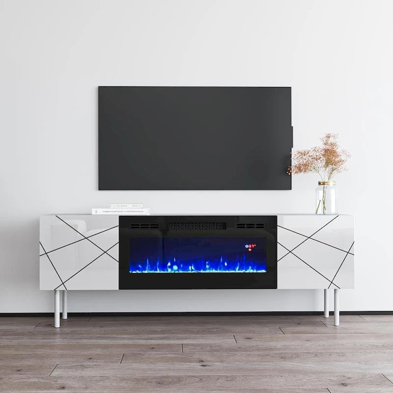 Mobile TV con camino elettrico moderno grigio/bianco e bianco, adatto per TV fino a 70 pollici