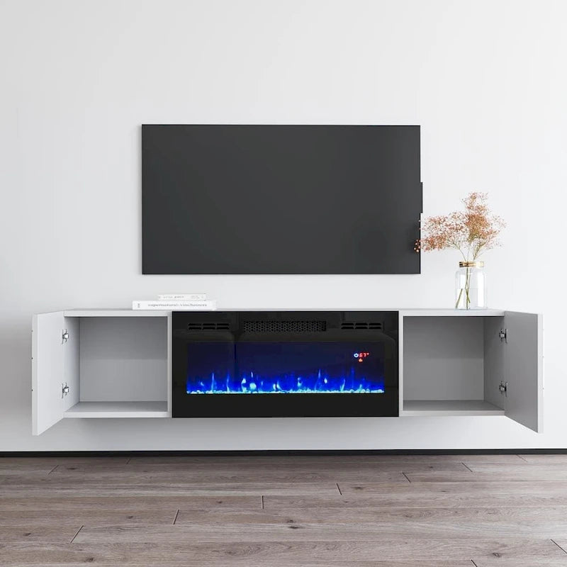 Mobile TV con camino elettrico moderno grigio/bianco e bianco, adatto per TV fino a 70 pollici