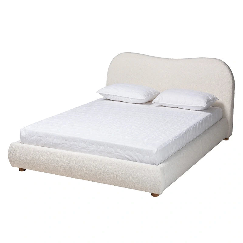 Letto a piattaforma in bouclé bianco sporco stile Mid-Century, Queen, 1 piazza