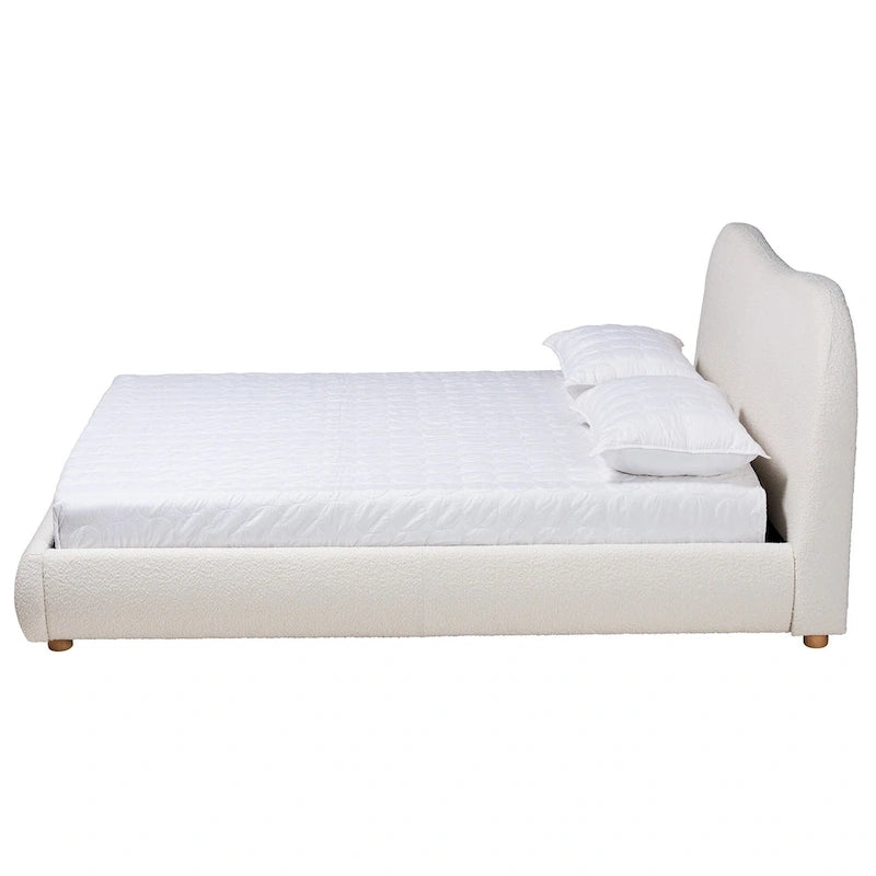 Letto a piattaforma in bouclé bianco sporco stile Mid-Century, Queen, 1 piazza
