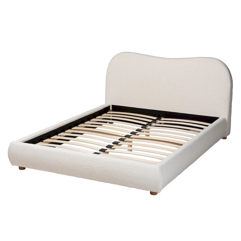 Letto a piattaforma in bouclé bianco sporco stile Mid-Century, Queen, 1 piazza